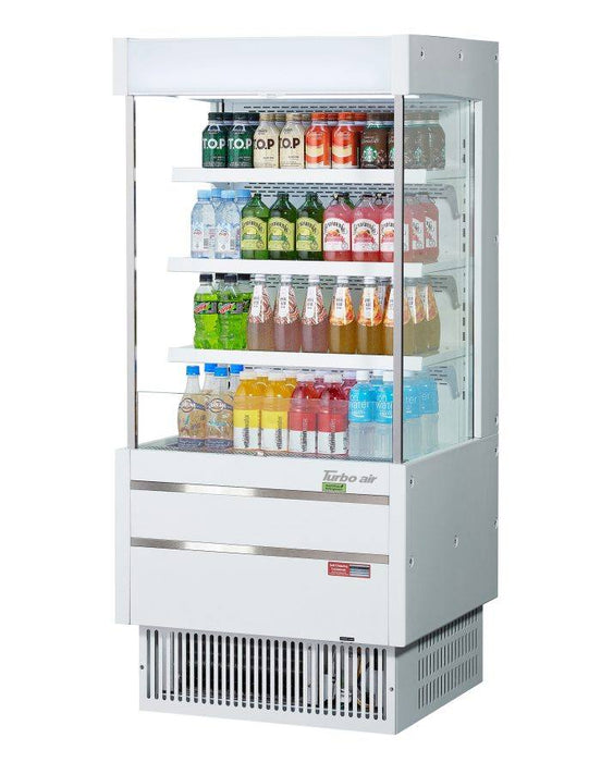 Turbo Air TOM-25MSEW-N 28" White Narrow Depth Vertical Open Air Cooler / Air Curtain Display Case with (4) Levels, 115v - Bakery Wholesalers