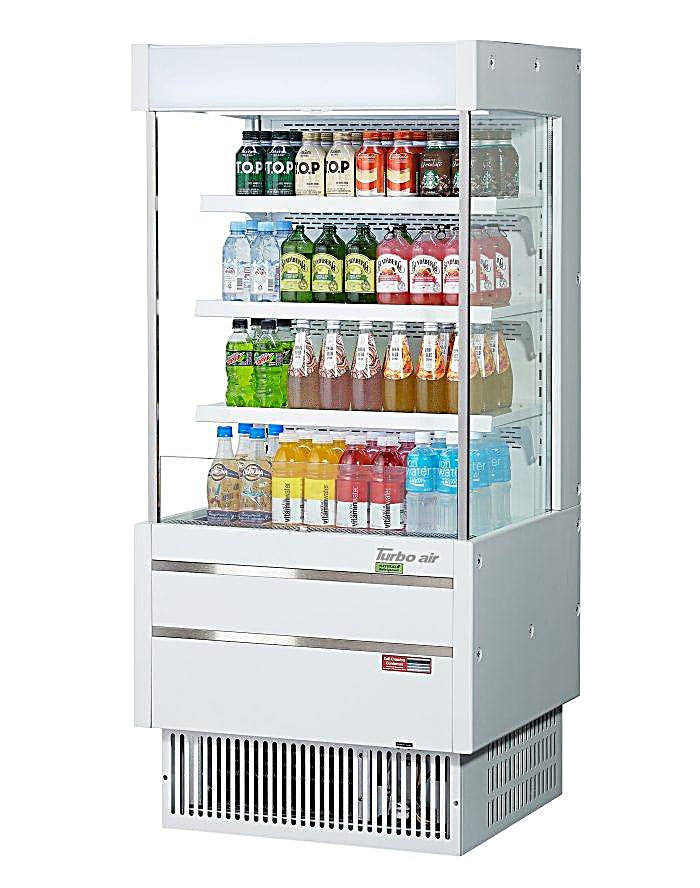 Turbo Air TOM-25MSEW-N 28" White Narrow Depth Vertical Open Air Cooler / Air Curtain Display Case with (4) Levels, 115v - Donut-Equipment.com