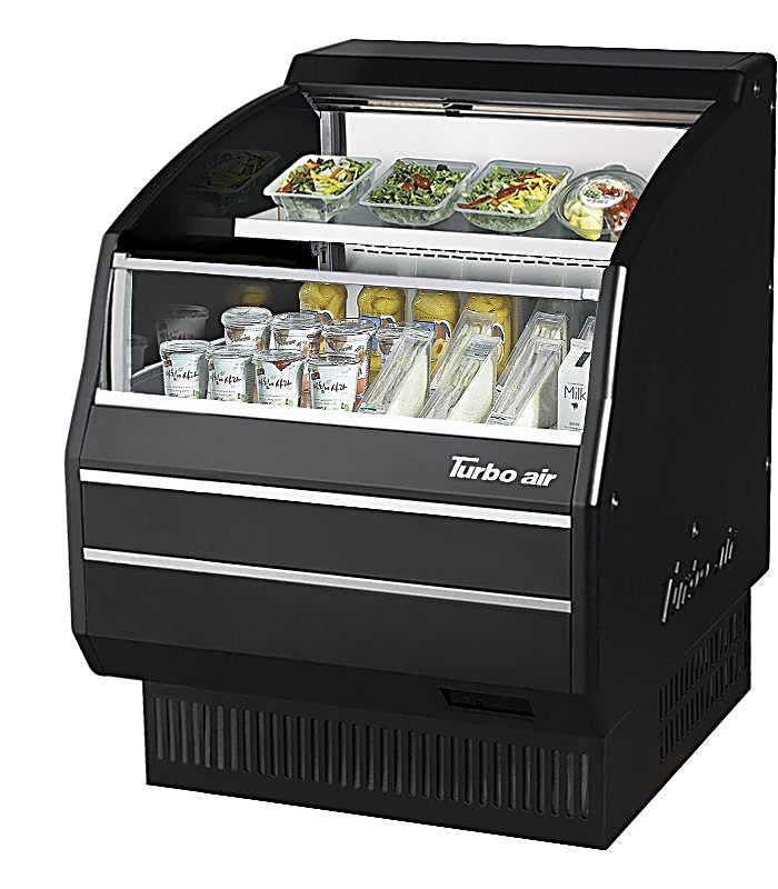 Turbo Air TOM-30LB-SP-N 28 1/8" Black Low Profile Horizontal Open Air Cooler – Refrigerated Curtain Merchandiser w/ (2) Levels, 115v - Donut-Equipment.com