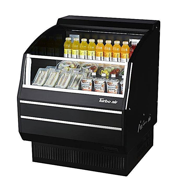 Turbo Air TOM-30SB-SP-N 28" Black Horizontal Refrigerated Open Curtain Merchandiser w/ Stainless Steel Interior – Slim Line, 115v - Donut-Equipment.com