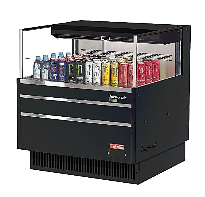 Turbo Air TOM-36L-UF-B-1S-N 34 3/4" Black Low Profile Horizontal Open Air Cooler w/ (1) Level – Ultra Front Merchandiser, 115v - Donut-Equipment.com