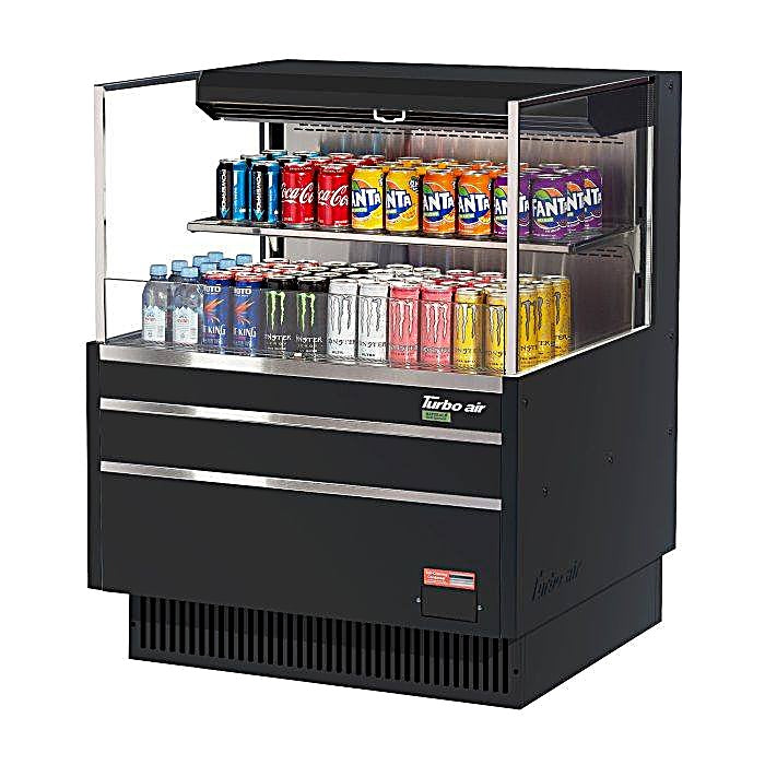 Turbo Air TOM-36L-UF-B-2S-N 34 3/4" Black Low Profile Horizontal Open Air Cooler w/ (2) Levels – Ultra Front Merchandiser, 115v - Donut-Equipment.com