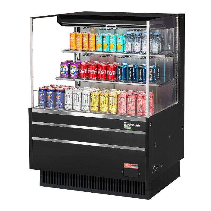 Turbo Air TOM-36L-UF-B-3S-N 34 3/4" Black Low Profile Horizontal Open Air Cooler w/ (3) Levels – Ultra Front Merchandiser, 115v - Donut-Equipment.com