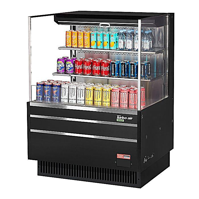 Turbo Air TOM-36L-UF-B-3S-N 34 3/4" Black Low Profile Horizontal Open Air Cooler w/ (3) Levels – Ultra Front Merchandiser, 115v - Donut-Equipment.com