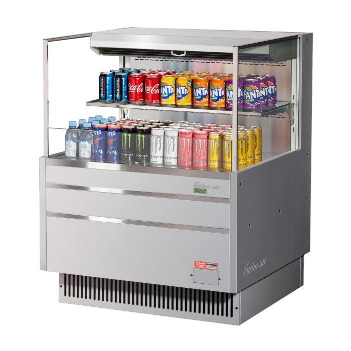 Turbo Air TOM-36L-UFD-S-2S-N 34 3/4" Stainless Steel Low Profile Horizontal Open Air Cooler w/ (2) Levels – Ultra Front Merchandiser, 115v - Bakery Wholesalers