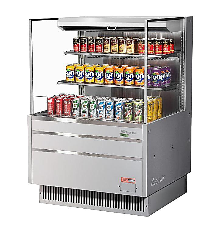 Turbo Air TOM-36L-UF-S-3S-N 35" Stainless Steel Low Profile Horizontal Open Air Cooler w/ (3) Levels – Ultra Front Merchandiser, 115v - Donut-Equipment.com