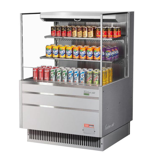 Turbo Air TOM-36L-UF-S-3S-N 35" Stainless Steel Low Profile Horizontal Open Air Cooler w/ (3) Levels – Ultra Front Merchandiser, 115v - Bakery Wholesalers