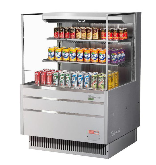 Turbo Air TOM-36L-UF-S-3S-N 35" Stainless Steel Low Profile Horizontal Open Air Cooler w/ (3) Levels – Ultra Front Merchandiser, 115v - Bakery Wholesalers