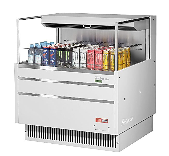 Turbo Air TOM-36L-UF-W-1S-N 34 3/4" White Low Profile Horizontal Open Air Cooler w/ (1) Level – Ultra Front Merchandiser, 115v - Donut-Equipment.com