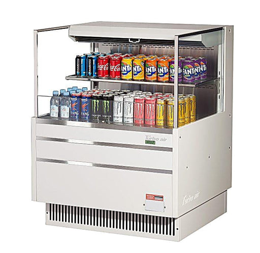 Turbo Air TOM-36L-UF-W-2S-N 34 3/4" White Low Profile Horizontal Open Air Cooler w/ (2) Levels – Ultra Front Merchandiser, 115v - Donut-Equipment.com