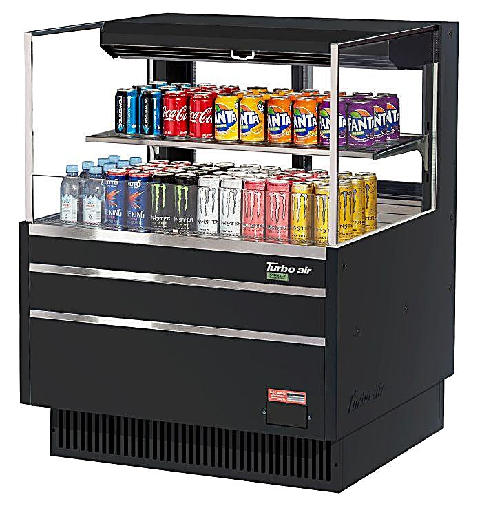 Turbo Air TOM-36L-UFD-B-2S-N 34 3/4" Black Low Profile Horizontal Open Air Cooler w/ (2) Levels – Ultra Front Deluxe Merchandiser, 115v - Donut-Equipment.com