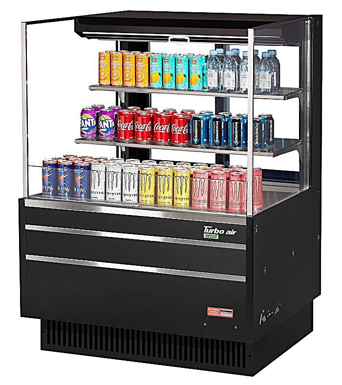 Turbo Air TOM-36L-UFD-B-3S-N 34 3/4" Black Low Profile Horizontal Open Air Cooler w/ (3) Levels – Ultra Front Deluxe Merchandiser, 115v - Donut-Equipment.com