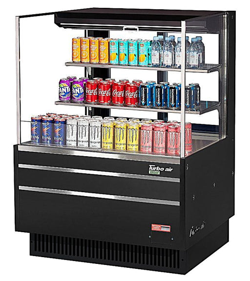 Turbo Air TOM-36L-UFD-B-3S-N 34 3/4" Black Low Profile Horizontal Open Air Cooler w/ (3) Levels – Ultra Front Deluxe Merchandiser, 115v - Donut-Equipment.com