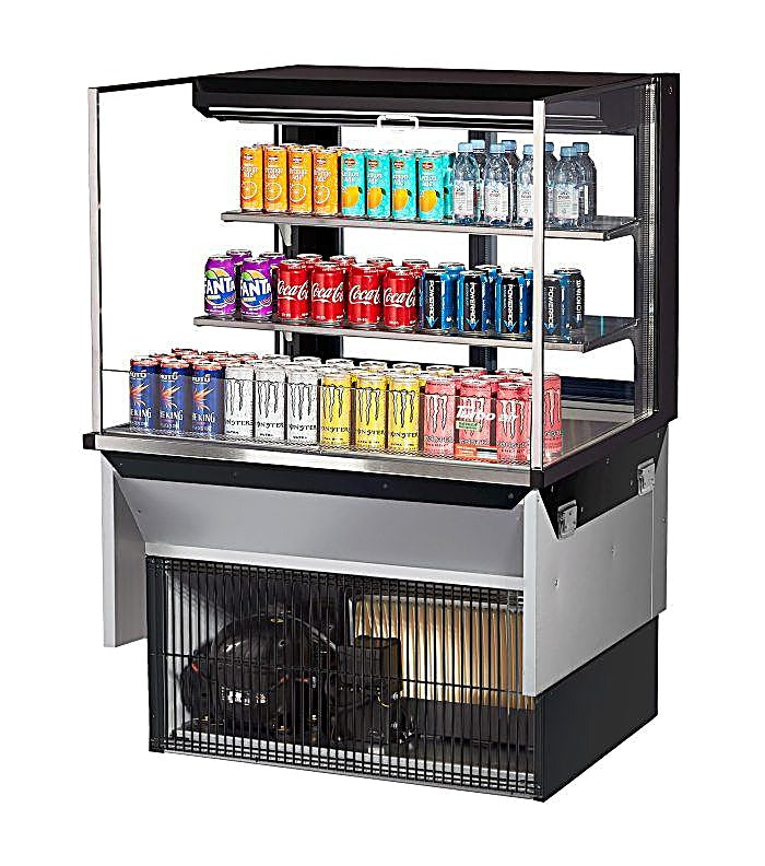 Turbo Air TOM-36L-UFD-B-3SI-N 36" Drop-In Horizontal Open Air Cooler w/ (3) Levels – Black Exterior, 115v - Donut-Equipment.com