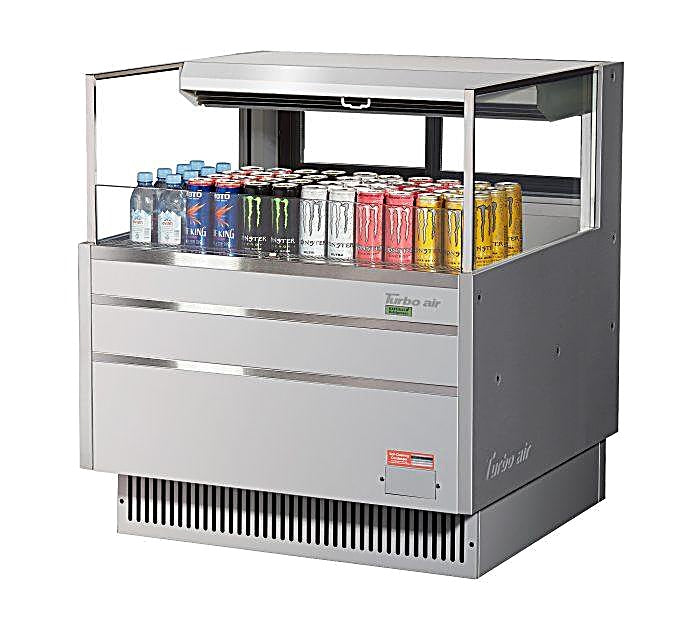 Turbo Air TOM-36L-UFD-S-1S-N 34 3/4" Stainless Steel Low Profile Horizontal Open Air Cooler w/ (1) Level – Ultra Front Deluxe Merchandiser, 115v - Donut-Equipment.com