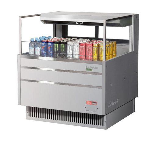 Turbo Air TOM-36L-UFD-S-1S-N 34 3/4" Stainless Steel Low Profile Horizontal Open Air Cooler w/ (1) Level – Ultra Front Deluxe Merchandiser, 115v - Bakery Wholesalers