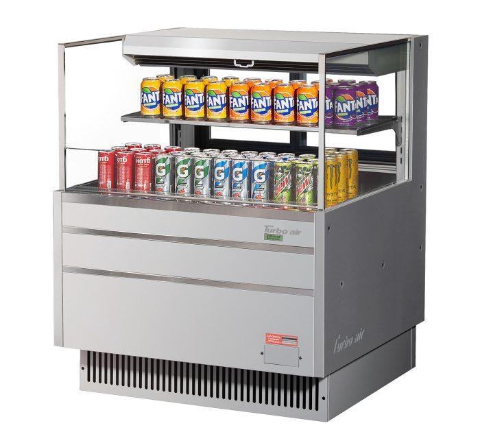 Turbo Air TOM-36L-UFD-S-2S-N 34 3/4" Stainless Steel Low Profile Horizontal Open Air Cooler w/ (2) Levels – Ultra Front Deluxe Merchandiser, 115v - Bakery Wholesalers