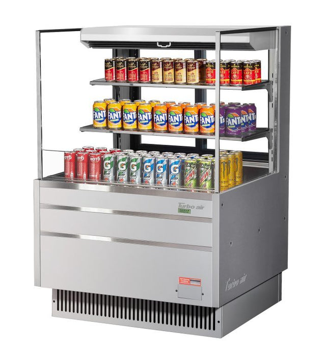 Turbo Air TOM-36L-UFD-S-3S-N 34 3/4" Stainless Steel Low Profile Horizontal Open Air Cooler w/ (3) Levels – Ultra Front Deluxe Merchandiser, 115v - Bakery Wholesalers