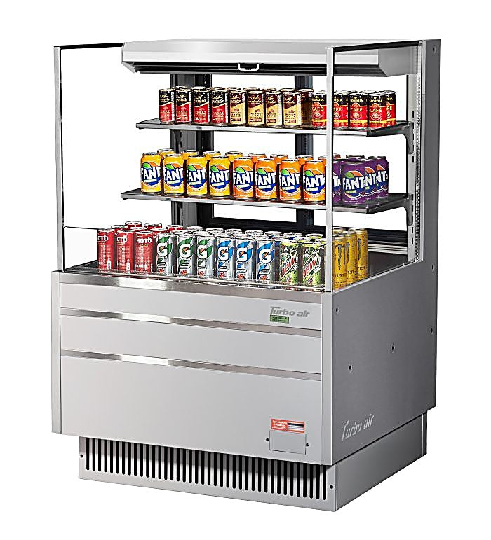 Turbo Air TOM-36L-UFD-S-3S-N 34 3/4" Stainless Steel Low Profile Horizontal Open Air Cooler w/ (3) Levels – Ultra Front Deluxe Merchandiser, 115v - Donut-Equipment.com