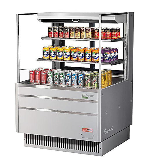 Turbo Air TOM-36L-UFD-S-3S-N 34 3/4" Stainless Steel Low Profile Horizontal Open Air Cooler w/ (3) Levels – Ultra Front Deluxe Merchandiser, 115v - Donut-Equipment.com