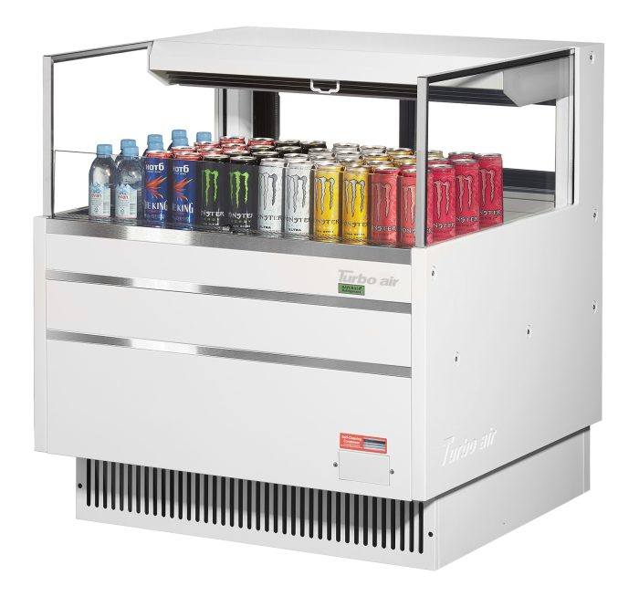 Turbo Air TOM-36L-UFD-W-1S-N 34 3/4" White Low Profile Horizontal Open Air Cooler w/ (1) Level – Ultra Front Deluxe Merchandiser, 115v - Bakery Wholesalers