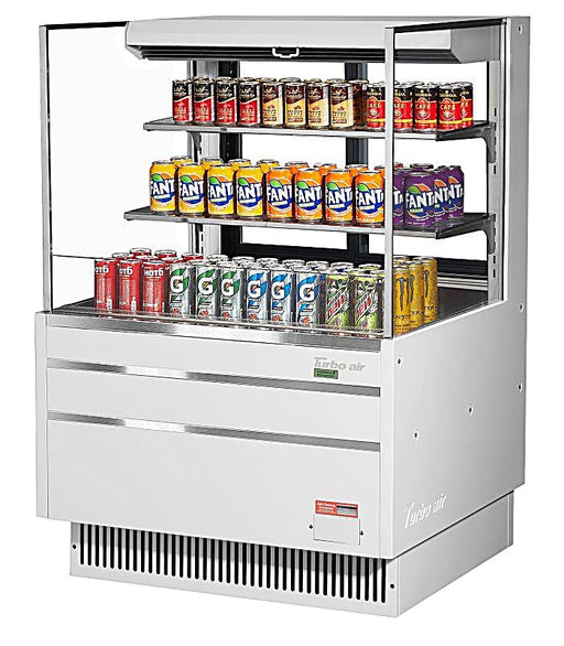 Turbo Air TOM-36L-UFD-W-3S-N 34 3/4" White Low Profile Horizontal Open Air Cooler w/ (3) Levels – Ultra Front Deluxe Merchandiser, 115v - Donut-Equipment.com