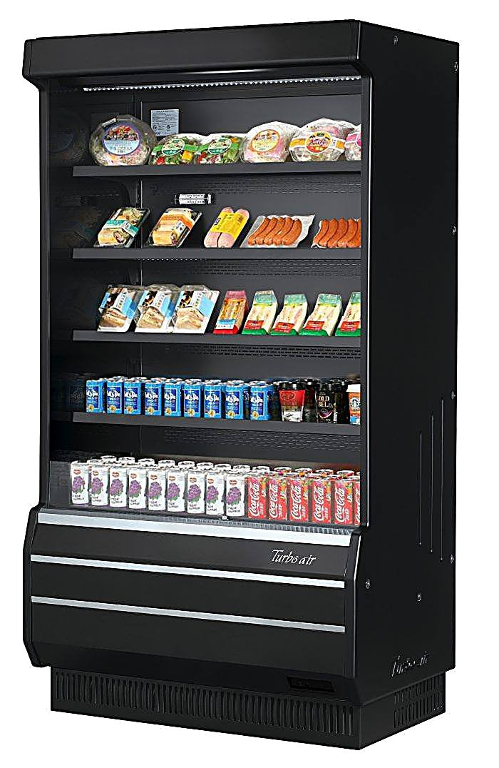 Turbo Air TOM-40B-SP-N 39 1/8" Vertical Open Air Cooler w/ (5) Levels – Black Exterior, 115v - Donut-Equipment.com