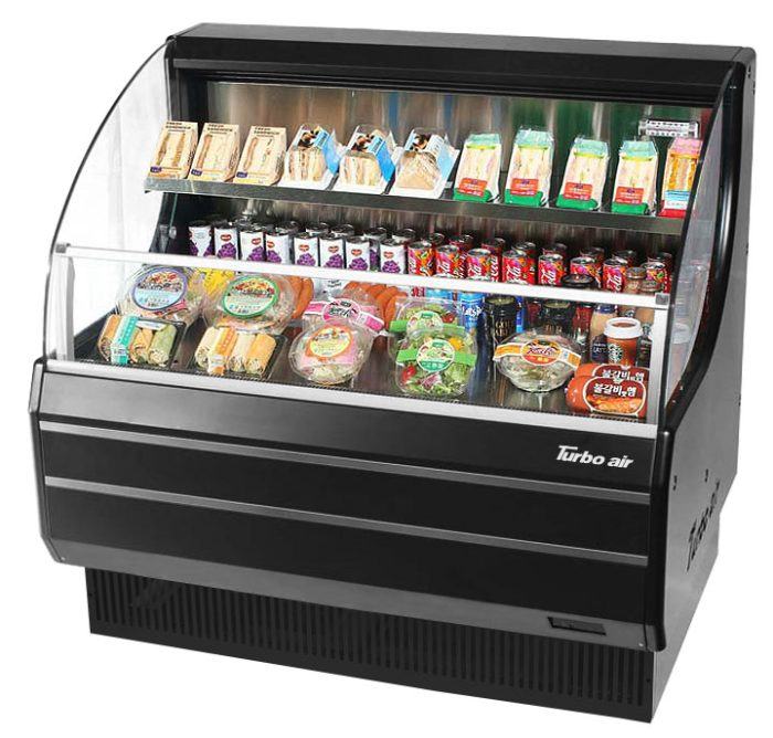 Turbo Air TOM-40LB-N 39" Horizontal Open Air Cooler w/ (2) Levels – Low Profile, Black Exterior, 115v - Bakery Wholesalers