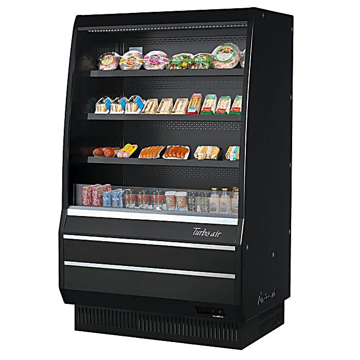 Turbo Air TOM-40MB-SP-N 39 1/8" Vertical Open Air Cooler w/ (4) Levels – Black Exterior, 115v - Donut-Equipment.com