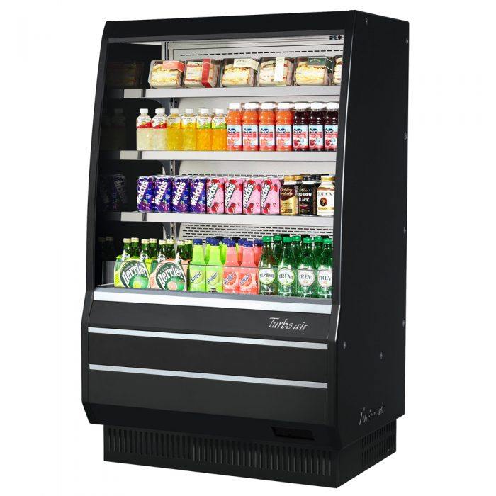 Turbo Air TOM-40MB-SP-N 39 1/8" Vertical Open Air Cooler w/ (4) Levels – Black Exterior, 115v - Bakery Wholesalers
