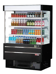 Turbo Air TOM-40MSEB-N 39 3/8" Black Narrow Depth Vertical Open Air Cooler / Air Curtain Display Case with (4) Levels, 115v - Donut-Equipment.com