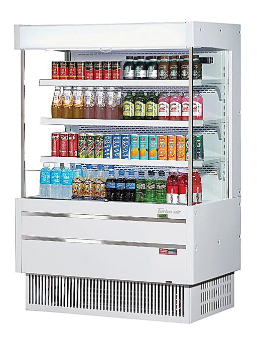 Turbo Air TOM-40MSEW-N 39 3/8" White Narrow Depth Vertical Open Air Cooler / Air Curtain Display Case with (4) Levels, 115v - Donut-Equipment.com