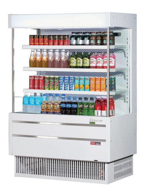 Turbo Air TOM-40MSEW-N 39 3/8" White Narrow Depth Vertical Open Air Cooler / Air Curtain Display Case with (4) Levels, 115v - Bakery Wholesalers