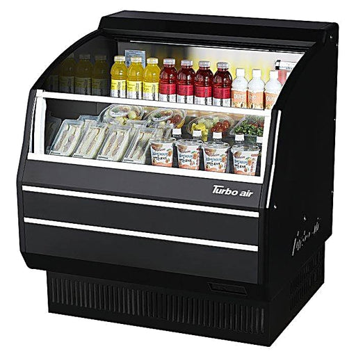 Turbo Air TOM-40SB-SP-N 39 1/8" Black Horizontal Open Air Cooler w/ (3) Levels, Stainless Steel Interior – Slim Line, 115v - Donut-Equipment.com