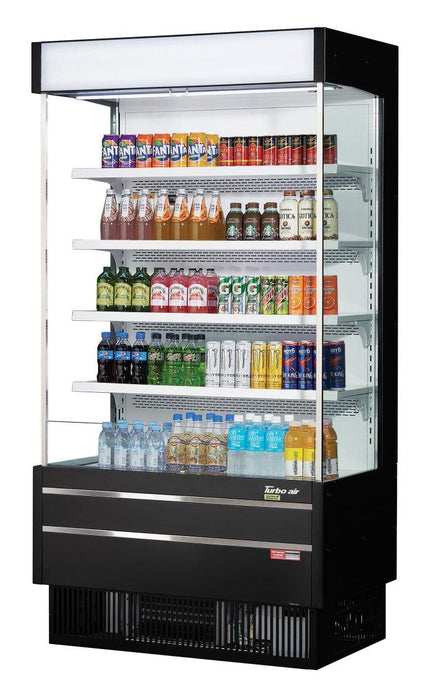Turbo Air TOM-40SEB-N 39 7/8" Black Narrow Depth Vertical Open Air Cooler / Air Curtain Display Case with (5) Levels, 115v - Bakery Wholesalers