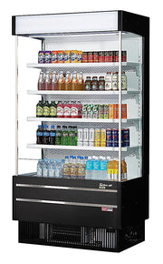 Turbo Air TOM-40SEB-N 39 7/8" Black Narrow Depth Vertical Open Air Cooler / Air Curtain Display Case with (5) Levels, 115v - Donut-Equipment.com
