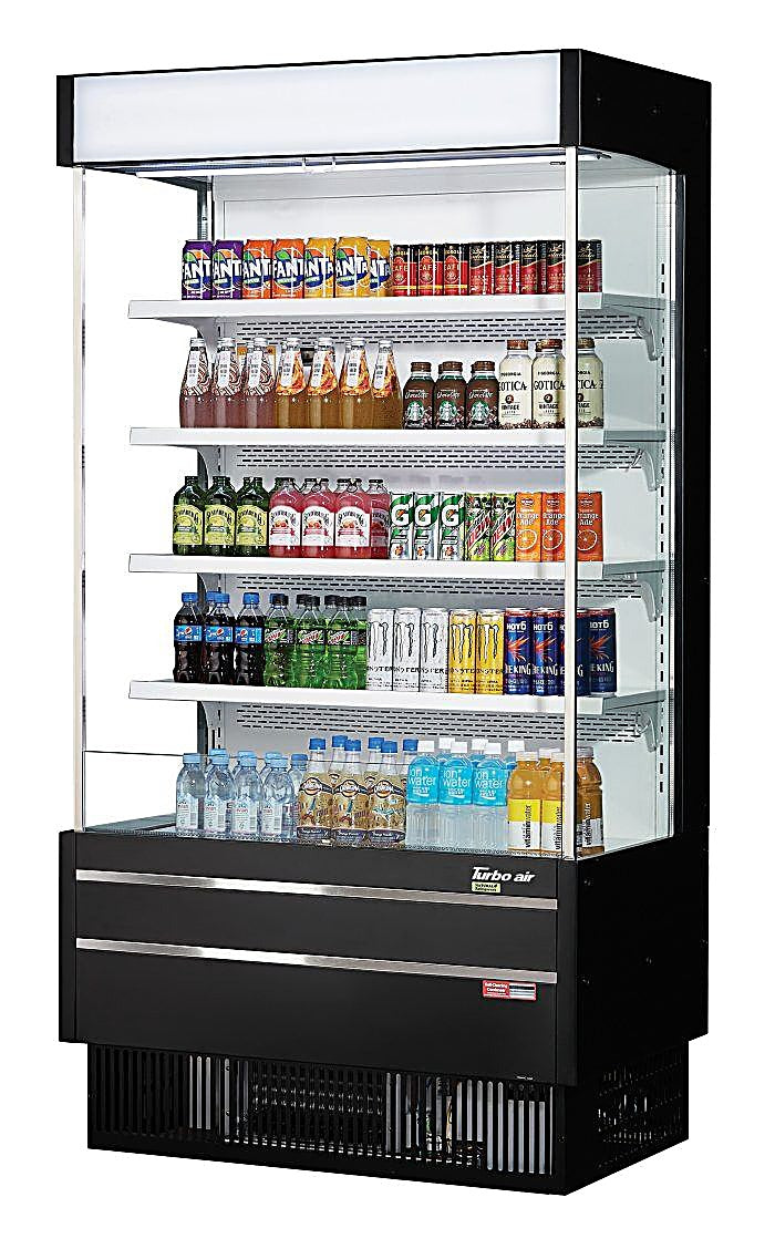 Turbo Air TOM-40SEB-N 39 7/8" Black Narrow Depth Vertical Open Air Cooler / Air Curtain Display Case with (5) Levels, 115v - Donut-Equipment.com