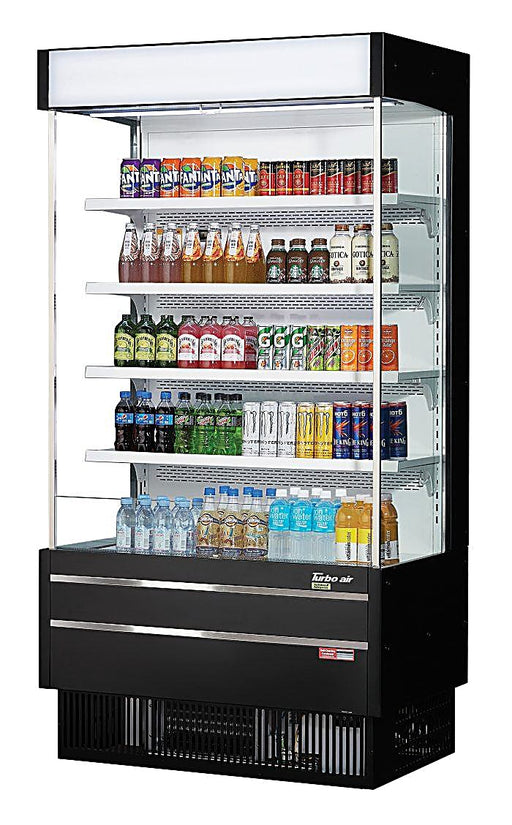 Turbo Air TOM-40SEB-N 39 7/8" Black Narrow Depth Vertical Open Air Cooler / Air Curtain Display Case with (5) Levels, 115v - Donut-Equipment.com