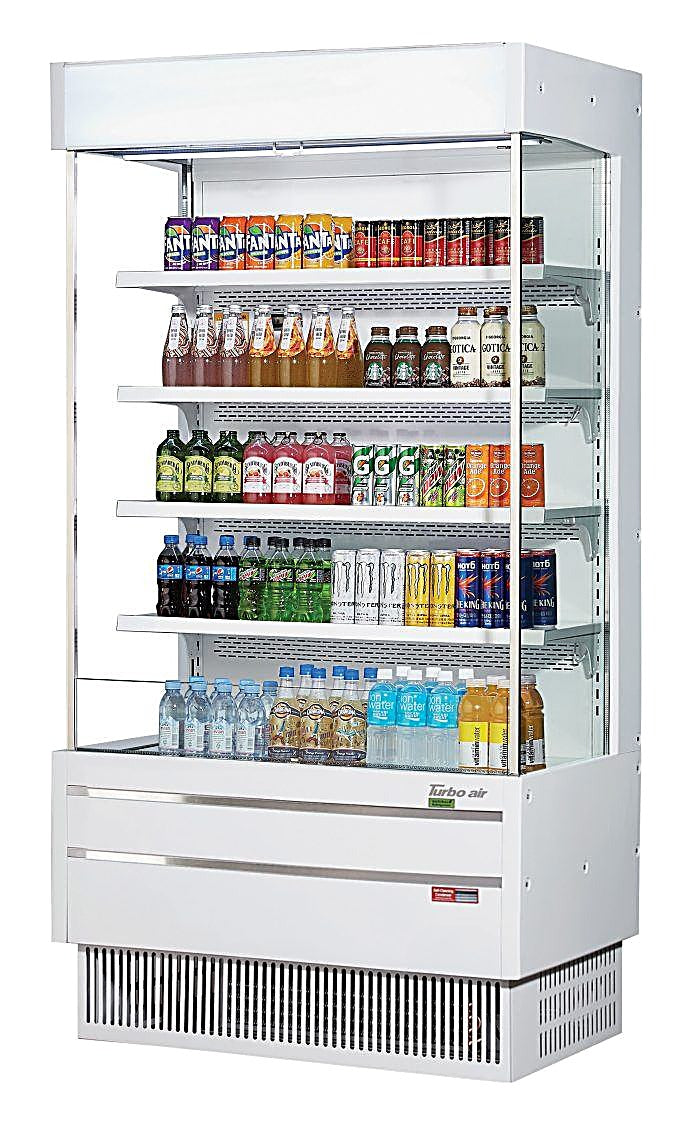Turbo Air TOM-40SEW-N 39 7/8" White Narrow Depth Vertical Open Air Cooler / Air Curtain Display Case with (5) Levels, 115v - Donut-Equipment.com