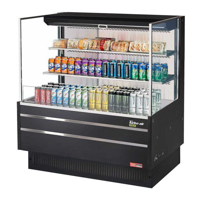 Turbo Air TOM-48L-UF-B-3S-N 46 3/4" Black Low Profile Horizontal Open Air Cooler w/ (3) Levels – Ultra Front Merchandiser, 115v - Donut-Equipment.com
