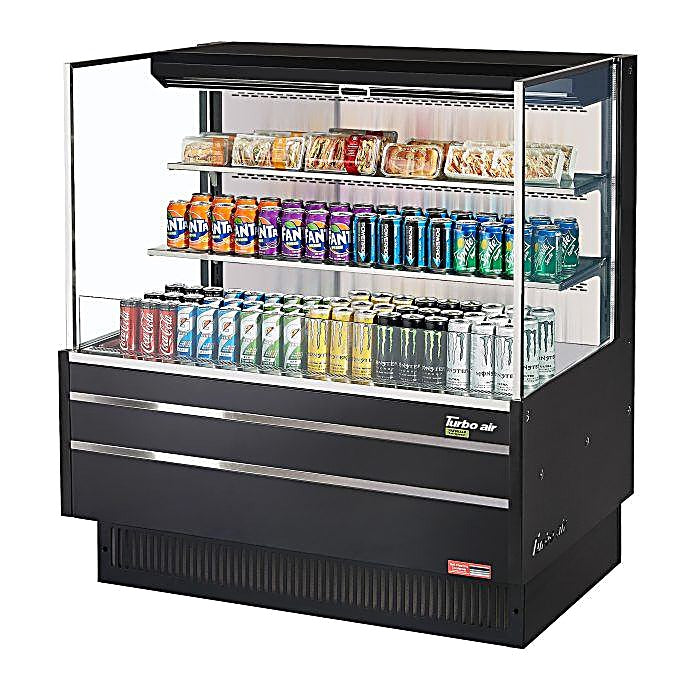 Turbo Air TOM-48L-UF-B-3S-N 46 3/4" Black Low Profile Horizontal Open Air Cooler w/ (3) Levels – Ultra Front Merchandiser, 115v - Donut-Equipment.com
