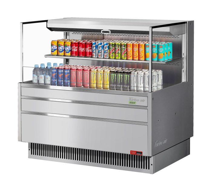 Turbo Air TOM-48L-UF-S-2S-N 46 3/4" Stainless Steel Low Profile Horizontal Open Air Cooler w/ (2) Levels – Ultra Front Merchandiser, 115v - Bakery Wholesalers