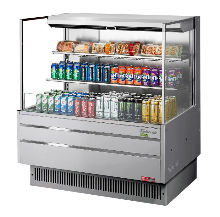 Turbo Air TOM-48L-UF-S-3S-N 46 3/4" Stainless Steel Low Profile Horizontal Open Air Cooler w/ (3) Levels – Ultra Front Merchandiser, 115v - Bakery Wholesalers