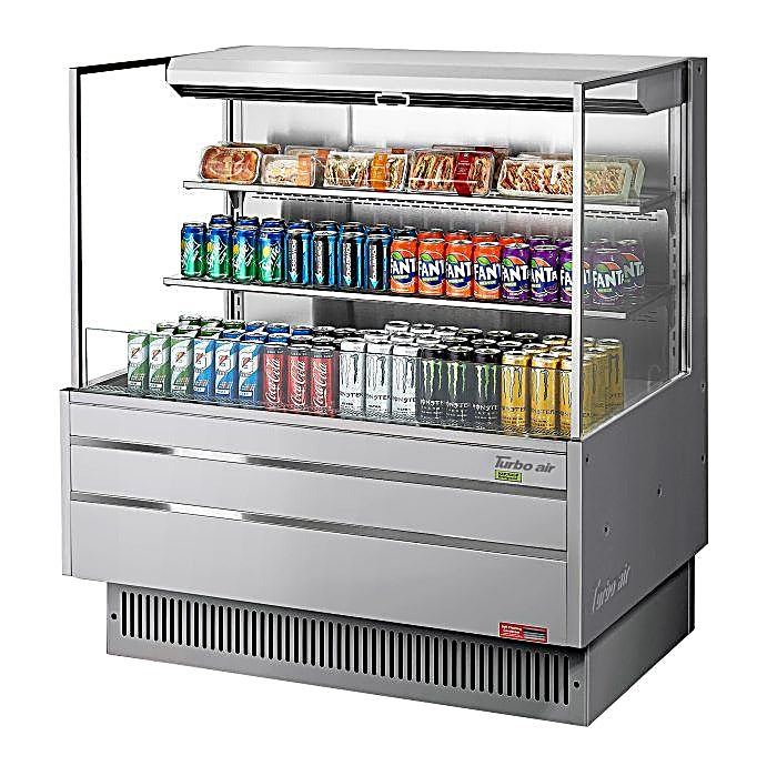 Turbo Air TOM-48L-UF-S-3S-N 46 3/4" Stainless Steel Low Profile Horizontal Open Air Cooler w/ (3) Levels – Ultra Front Merchandiser, 115v - Donut-Equipment.com