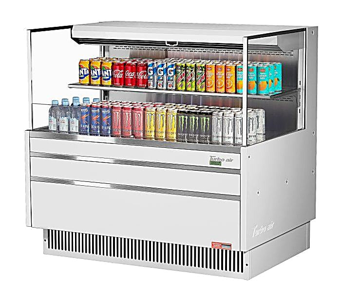 Turbo Air TOM-48L-UF-W-2S-N 46 3/4" White Low Profile Horizontal Open Air Cooler w/ (2) Levels – Ultra Front Merchandiser, 115v - Donut-Equipment.com
