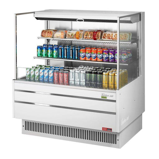 Turbo Air TOM-48L-UF-W-3S-N 46 3/4" White Low Profile Horizontal Open Air Cooler w/ (3) Levels – Ultra Front Merchandiser, 115v - Bakery Wholesalers