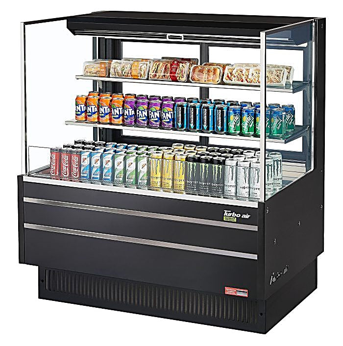 Turbo Air TOM-48L-UFD-B-3S-N 46 3/4" Black Low Profile Horizontal Open Air Cooler w/ (3) Levels – Ultra Front Deluxe Merchandiser, 115v - Donut-Equipment.com