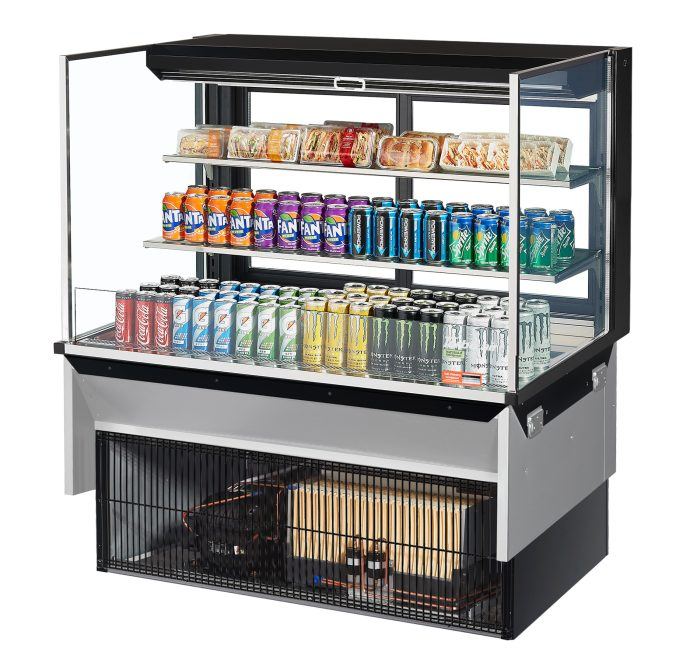 Turbo Air TOM-48L-UFD-B-3SI-N 48" Drop-In Horizontal Open Air Cooler w/ (3) Levels – Black Exterior, 115v - Bakery Wholesalers