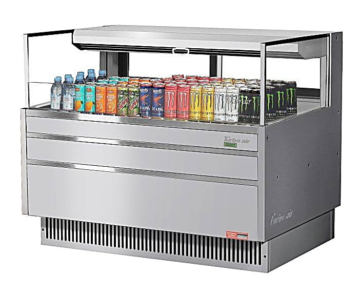 Turbo Air TOM-48L-UFD-S-1S-N 46 3/4" Stainless Steel Low Profile Horizontal Open Air Cooler w/ (1) Level – Ultra Front Deluxe Merchandiser, 115v - Donut-Equipment.com