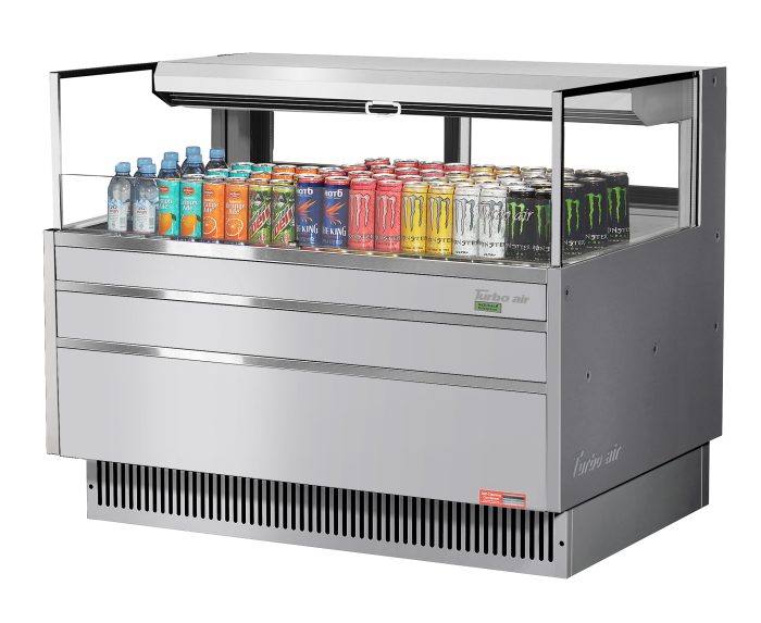 Turbo Air TOM-48L-UFD-S-1S-N 46 3/4" Stainless Steel Low Profile Horizontal Open Air Cooler w/ (1) Level – Ultra Front Deluxe Merchandiser, 115v - Bakery Wholesalers